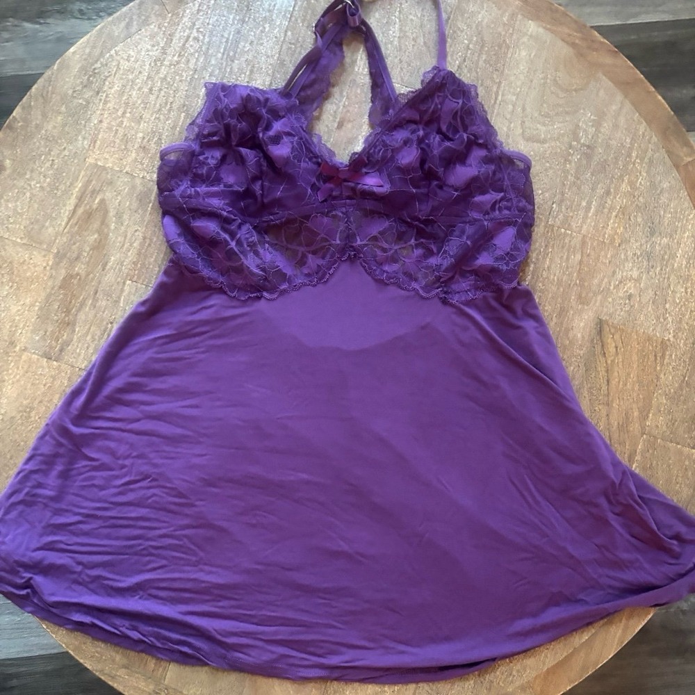 Women's coquette purple lace trim sexy lingerie nightgown, large